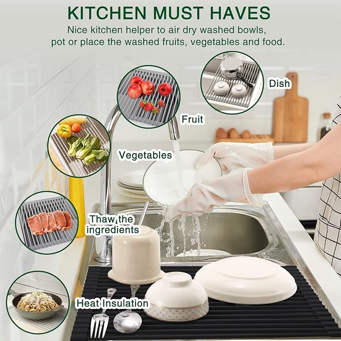 HANZENMA Roll Up Dish Drying Rack Over The Sink Kitchen Roll Up Sink Drying Rack Multipurpose Foldable Sin Drying Mat, Heat-Resistant, Anti-Slip & Anti-Rust Dish Rack for Kitchen, 20.5" x 13", Black