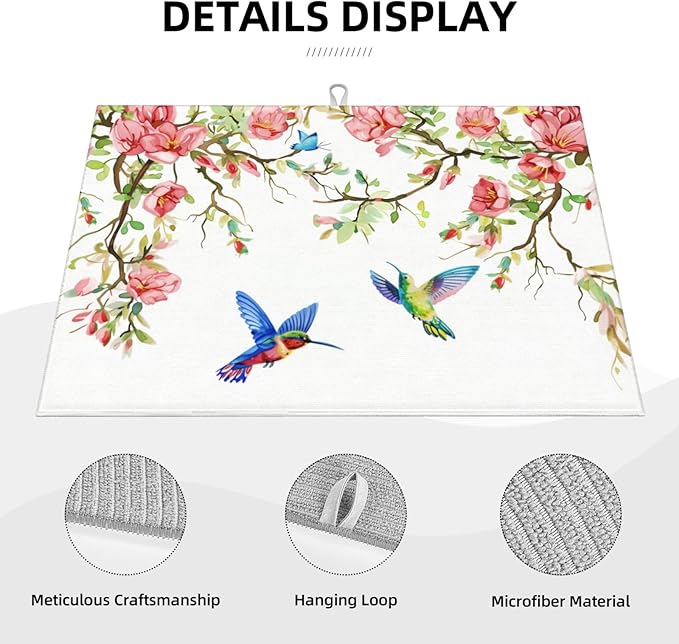 Hummingbird Butterfly Magnolia Dish Drying Mat 18x24 For Kitchen Counter Absorbent Microfiber Dishes Pad Dish Drainer Rack Mats Fast Dry Kitchen Accessories
