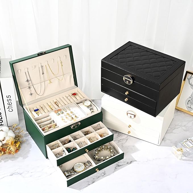 GUOER Jewelry Box for Women Girl Wife 3 Layers Large PU Leather Jewelry Organizer Storage Case with Two drawers Display for Earrings Bracelets Rings Watches (White)