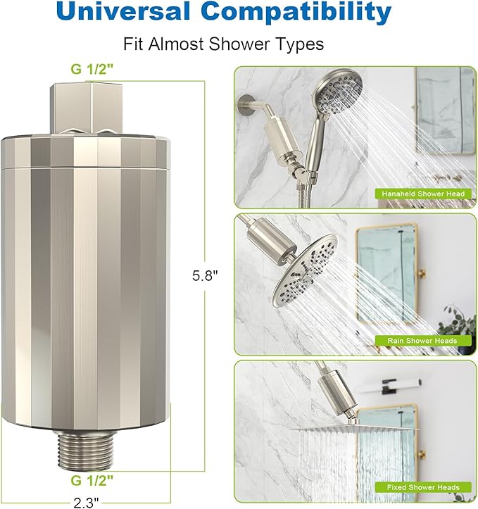 ALL METAL Shower Head Filter – KDF 55 Shower Filter Vitamin C E&A for Hard Water, High Pressure Universal Shower Water Filters to Reduce Toxic Chemicals, Chlorine and Heavy Metals,Brushed Nickel
