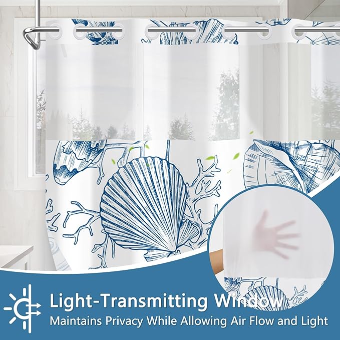 Waterproof Sea Themed Shower Curtain, No-Hook Design with Snap-in Fabric Shower Curtain Liner, Weighted Bottom and Vent Window, Blue Coral Pattern Shower Curtains, 71x74 Inches