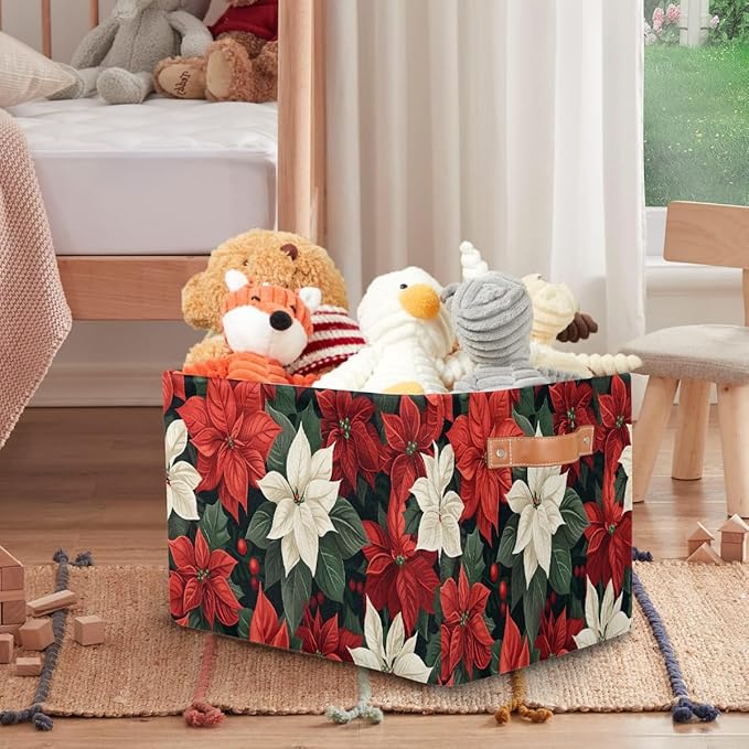 Storage Baskets Bin, Christmas Winter Poinsettia Collapsible Canvas Fabric Storage Bin Decorative Baskets Toy Organizer Rectangle Storage Boxes with Handles for Home Shelves Nursery, J-004