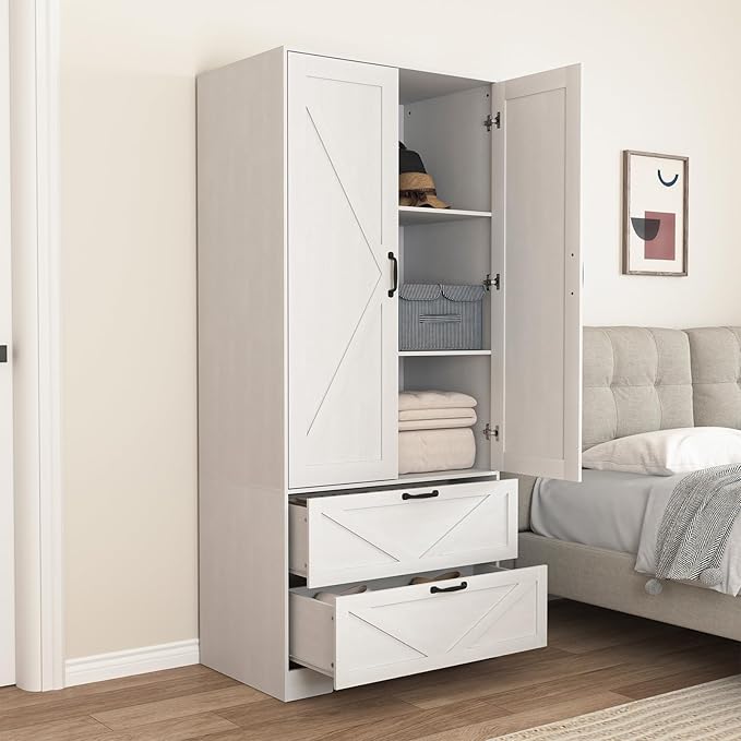 Armoire Wardrobe Closet with Mirror and 2 Drawers, 72'' Bedroom Armoire Wardrobe Cabinet with Hanging Rod and Light,Wooden Bedroom Closet with Adjustable Shelf