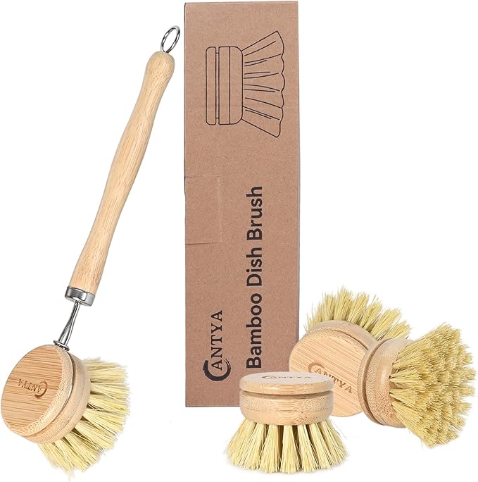 Bamboo Dish Brush with Handle 4 Replacement Heads, Eco-Friendly Potato Scrubber Brush, Compostable & Sustainable, Bamboo Dish Scrubber for Cleaning Kitchen Utensils(Soft Bristles)