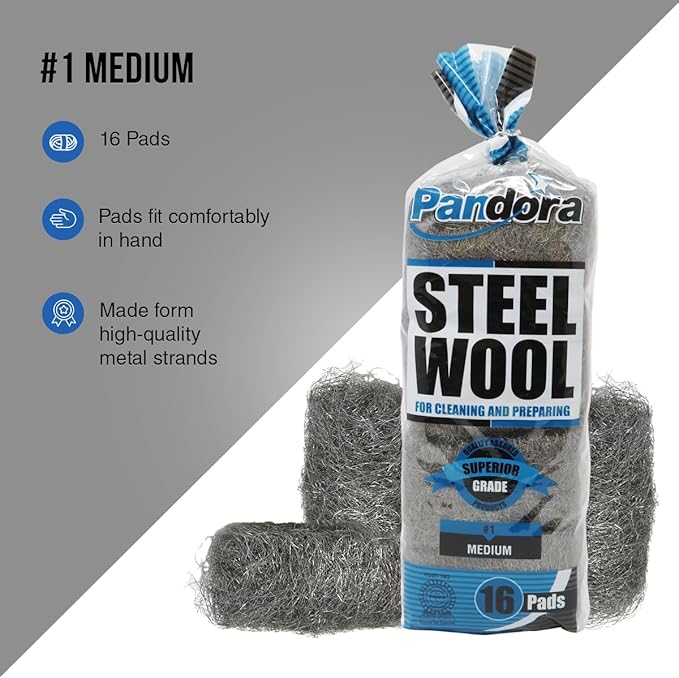 Pandora Steel Wool #1 – Medium Grade, 240 Pads for Cleaning and Preparing- Metal Strands - Ideal for Linoleum Floors, Bowling Balls, and Shoe Soles