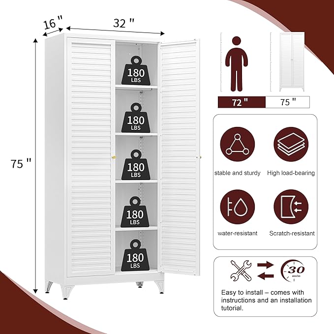 75" Tall Metal Pantry Cabinet, White Storage Cabinet with Doors and Shelves, Metal Cabinet for Kitchen, Dining Room, Living Room and Bathroom