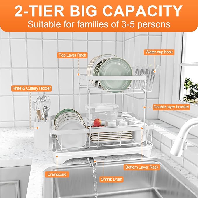 HOMEBOSILY Dish Drying Rack - Auto Draining Dish Rack for Kitchen Counter, Large Capacity Dish Drainers Organizer with Drainboard, 2-Tier Drying Rack with Utensil Holder White