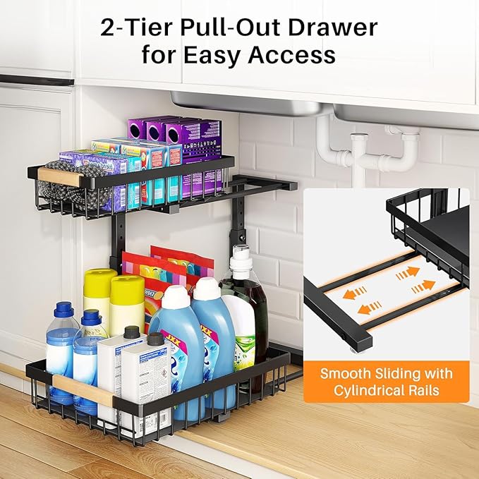 PXRACK Under Sink Organizer, Adjustable Height, 2 Tier Pull Out Under Cabinet Organizer, Slide Out Thickened Metal Under Sink Storage for Kitchen Bathroom Laundry Pantry Cabinet,1-Pack, Black