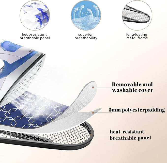 Deegureet Classic Ironing Board, Compact and Space Saver,Size 43 x 13 Ironing Board, Extra Wide Ironing Area with Extra Thick Heavy Duty Padded, Stable Structure,Easy to Fold Blue Geometry