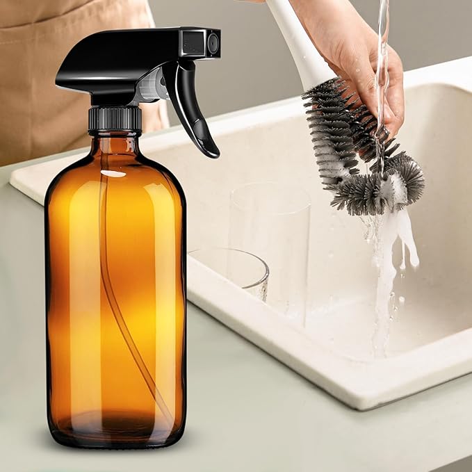 Glass Spray Bottle, 2 Pack 16oz Empty Sprayer with Funnel & Cap & Labels, Large Refillable Mist Bottles for Cleaning, Plant, Essential Oil, Facial Hydration, Water Flower & Hair, (Amber & Frosted)