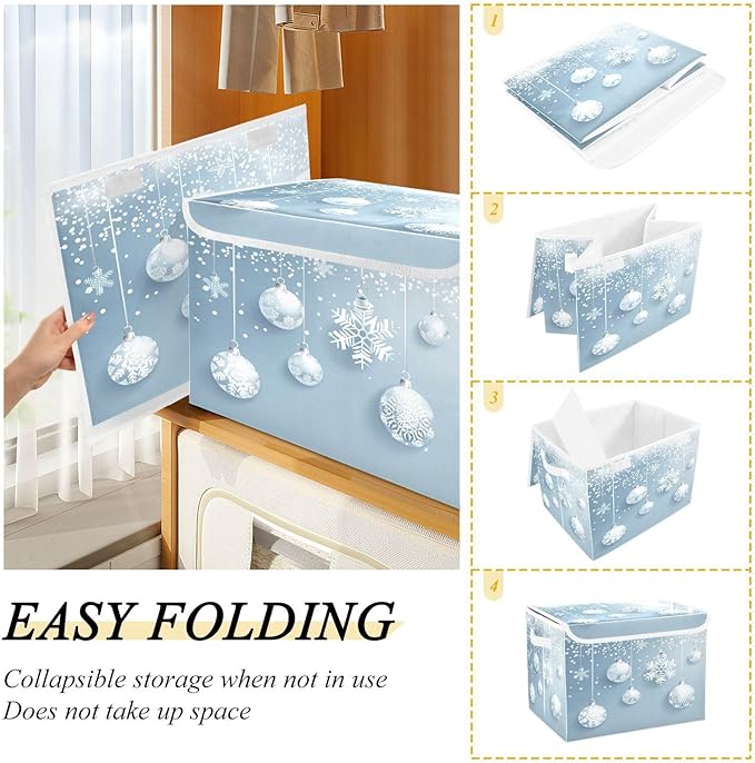 senya Christmas Baskets Collapsible Storage Bins with Lids, Christmas Balls White Snowflakes Storage Boxes Clothes Baskets for Organizing
