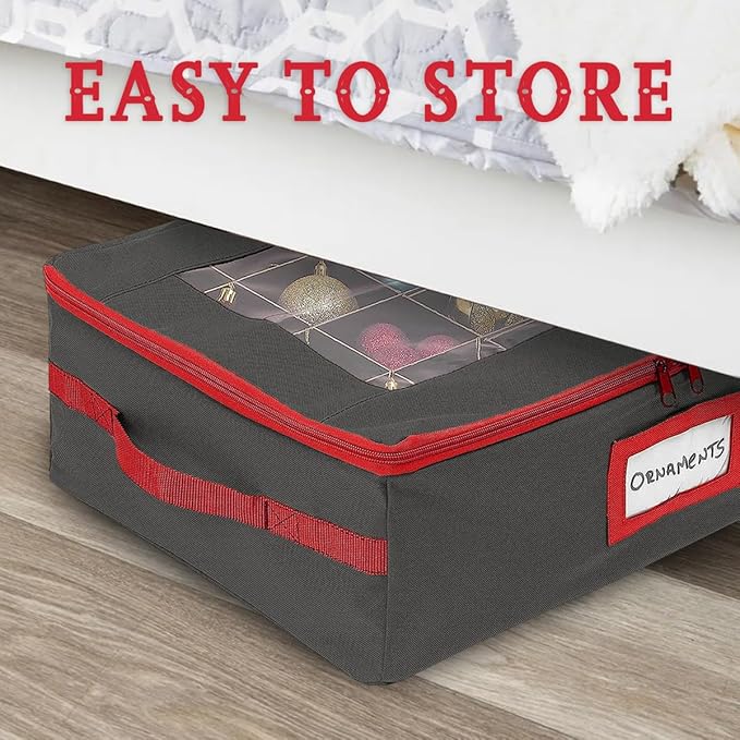 HOLDN’ STORAGE Christmas Ornament Storage Box with Dividers - Fits 48-3” Ornaments, 2 Removable Trays, Durable & Space-Saving, Clear Top Lid, Fits Underbed, Charcoal