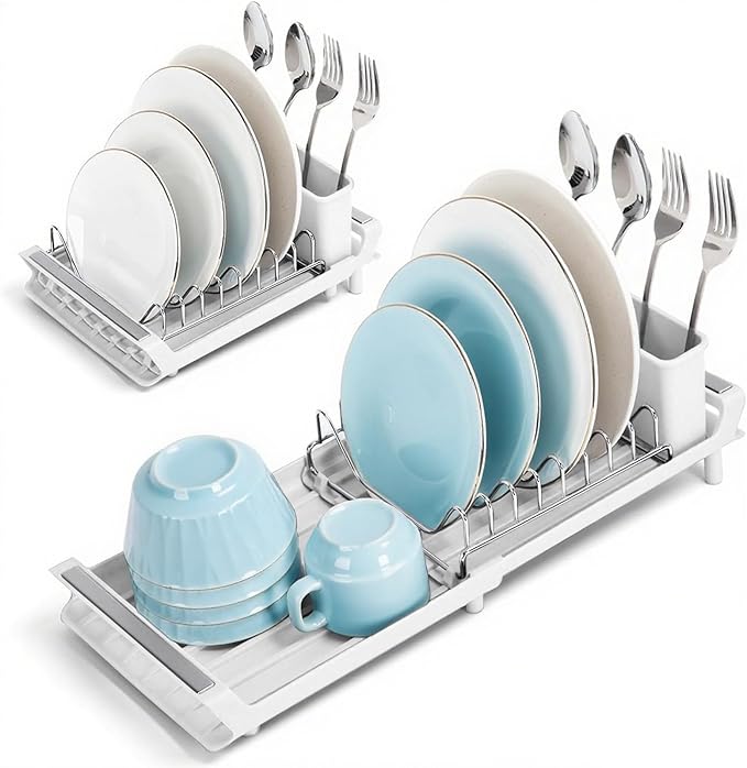 Small Expandable Dish Drying Rack – Compact & Space-Saving – No Spout, No Leaks – Durable, Rust Resistant & Easy to Clean – Ideal for Kitchens, Apartments & RVs – Extend 10.9 to 18.6 inches (White)