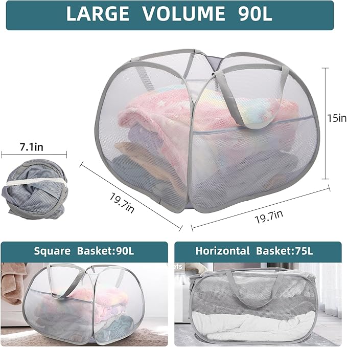 Collapsible Laundry Baskets, 90L Large Foldable Laundry Basket, Durable Mesh Pop Up Hampers for Laundry, Dirty Clothes Laundry Hamper for Bedroom, Bathroom, Dorm, Laundry Room, Travel or Camping Grey