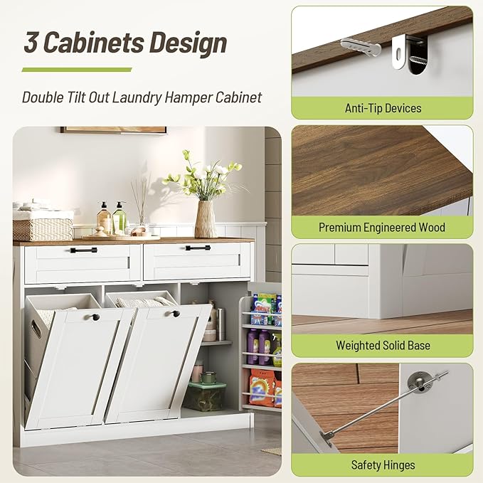 Double Tilt Out Laundry Hamper Cabinet, 43.3" Laundry Storage Cabinet with 2 Removable Baskets, Farmhouse Wooden Hidden Trash Bin Cabinet with Open Shelving, for Bathroom, White and Walnut