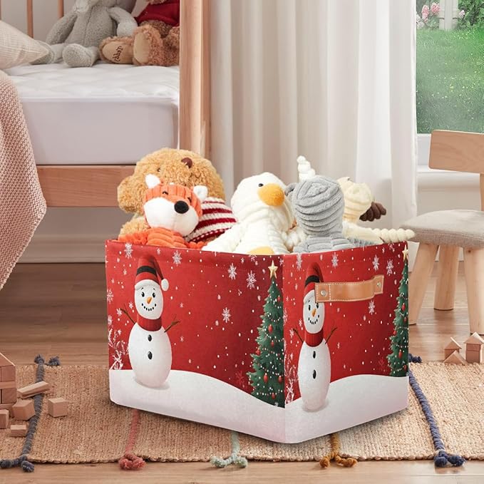 Storage Baskets Bin, Christmas Winter Snowman Collapsible Canvas Fabric Storage Bin Decorative Baskets Toy Organizer Rectangle Storage Boxes with Handles for Home Shelves Nursery, J-012