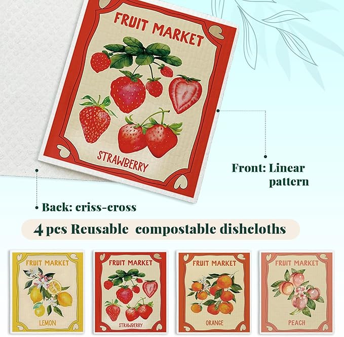 LARTSFRO Swedish Dishcloths for Kitchen, Pink Strawberries Peach Orange Lemon Swedish DishCloths for Summer Friut Market, 4 Pack Dish Towels for Kitchen, Papaya Reusable Paper Towels Washable