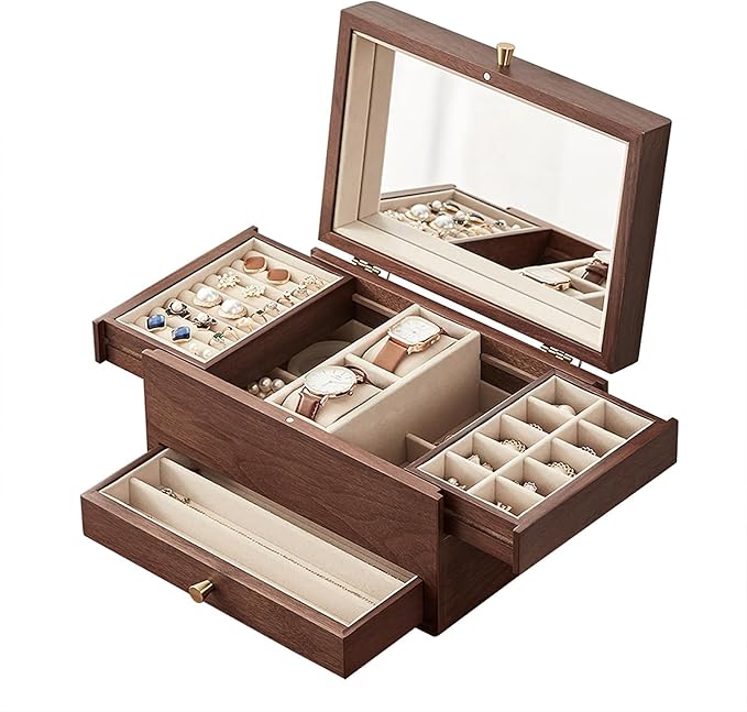 CHOSIN Black Walnut Jewelry Box for Women, 3-Level Multi-functional Organizer with Mirror for Watches, Necklaces, Rings & Earrings Storage Valentine's Day Gifts
