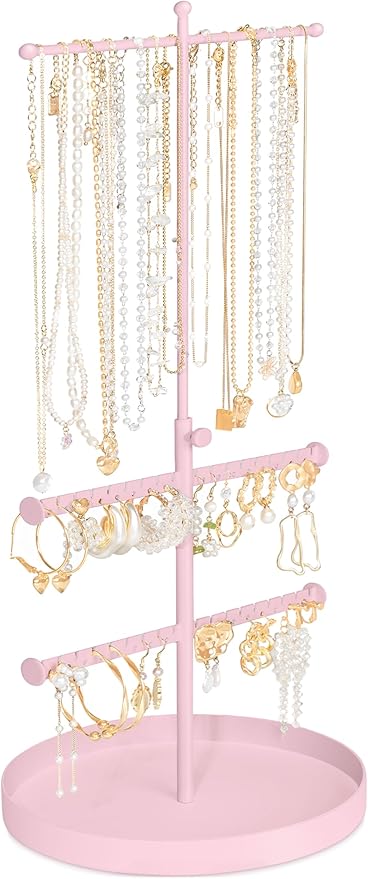 Jenseits Jewelry Holder Organizer Stand, 3 Tier Necklace Organizer Earring Holder Tree, Adjustable Height Jewelry Display Towers, Long Necklaces Bracelets Jewelry Storage Rack Gift For Women, Girls