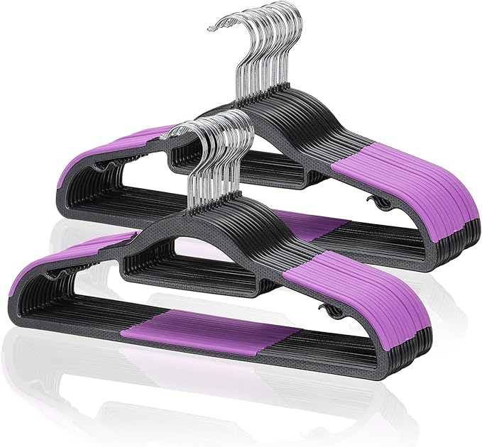 Pack of 30 Coat Hangers, Space-Saving Plastic Clothes Hangers, Non-Slip, 0.2 Inches Slim, 360° Swivel Silver Hook for Shirts, Pants, Suit & Wet/Dry Garments, Purple and Black