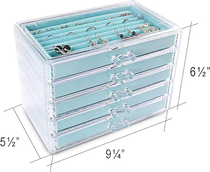 Frebeauty Extra Large Acrylic Jewelry Box for Women 5 Layers Clear Jewelry Organizer Velvet Earring Box with 5 Drawers Rings Display Case Necklaces Holder Tray for Women Girls (Turquoise)