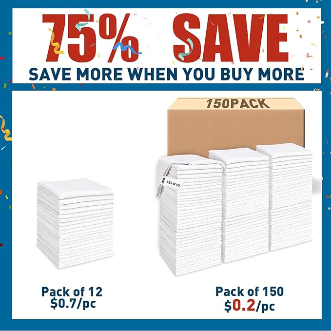 TEAWOO White Microfiber Towels- 150 Pack, Microfiber Cleaning Cloths Bulk, Microfiber Towels for Cars, Cleaning Rags (12x12 inches)