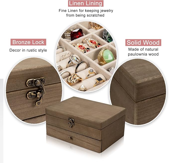 Pinzoveco Jewelry Box for Women, Rustic Wooden Jewelry Organizer Box for Storage Earrings Rings Necklace Bracelet, Farmhouse Style Wood Jewelry Boxes & Organizers (Gray)