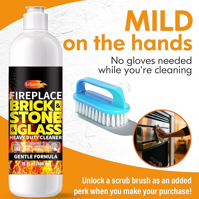 Fireplace Cleaning Set Fireplace Soot Remover with Scrub Brush for Brick, Stone, Rock, Tile, and Marble – Nonabrasive Brick Cleaner, Gentle Formula for Bricks & Glass Indoor and Outdoor -16.91 oz