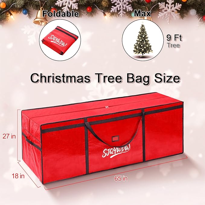 Christmas Tree Storage Bag 9ft, Heavy Duty Artificial Xmas Bag with Reinforced Handles, Dual Zippers Wide Opening, Two Mesh Pockets, PE Large Storage Container for Decorations Trees (Red)