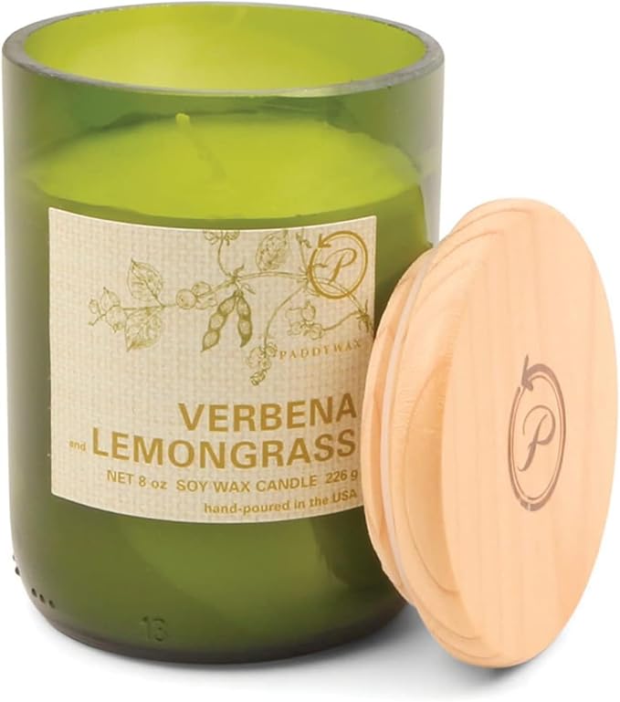Paddywax Eco Collection Scented Soy Wax Candle in Glass Jar, Verbena & Lemongrass Fragrance, Green Vessel with Wood Lid, 8 oz
