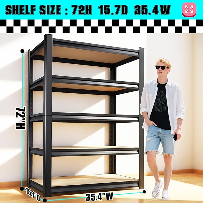 PKDYEZ Garage Shelving 5-Tier Adjustable Metal Garage Shelves Heavy Duty Unit,3000 LBS Steel Shelf Storage Rack Suitable for Industries,Warehouses,Basement,Black(Wood-72'H x 45.7''W x 19.7''D)