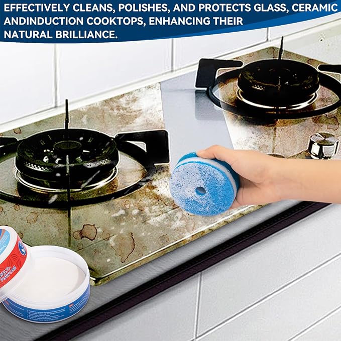 Jiffine Cooktop Cleaner Paste, Easily Remove Burned-On Food, Grease and Watermarks, Leaving Your Glass Cook Top Sparkling, 2-Pack – 10 oz Bottles