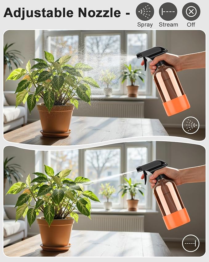 Bontip Amber Glass Spray Bottle with Silicone Sleeve Protection, 16 oz Refillable Spray Bottle for Cleaning Solutions, Plants, Aromatherapy, Facial Hydration (Orange Sleeve(Amber Bottle)