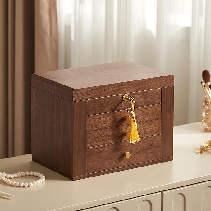 CHOSIN Black Walnut Wooden Jewelry Box, 4-Layer Lockable Wood Jewelry Organizer with Mirror, Side Doors & Brass Handle, Classical Design for Rings, Necklaces, Earrings, Watches, Valentine's Day Gifts