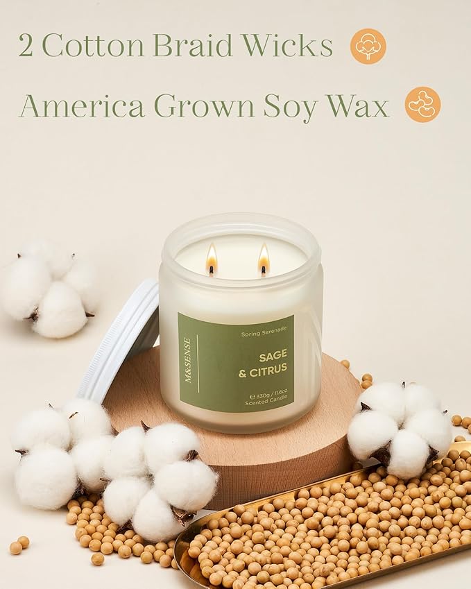 M&SENSE Sage Citrus Scented Candle, 70 Hour Burn Time 2 Wick 11.6oz Natural Soy Non Toxic Aromatherapy Candle for Home Decor Birthday Gifts Easter Supplies