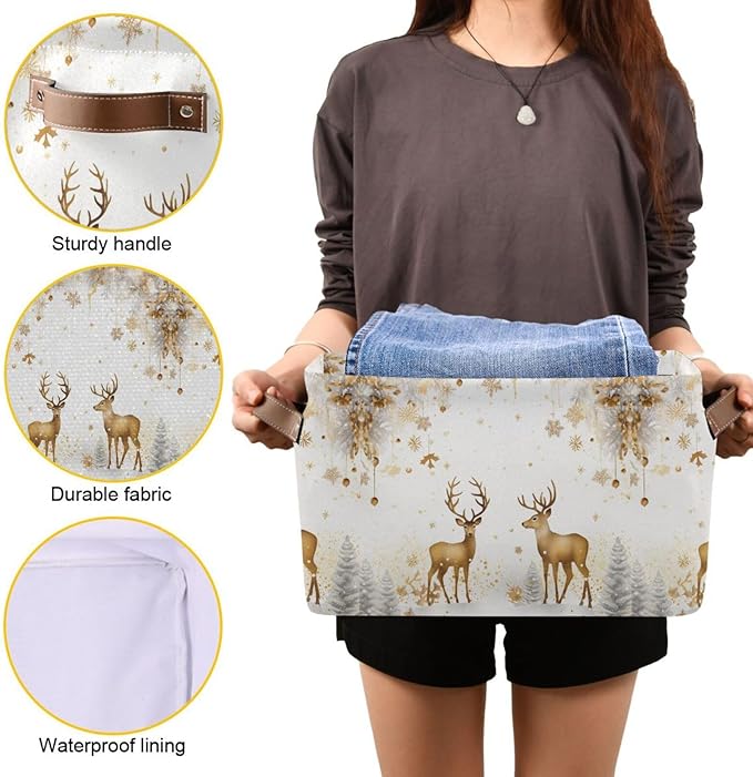 ALAZA Golden Reindeer Deer Merry Christmas Foldable Storage Box Storage Basket Organizer Bins with Handles for Shelf Closet Living Room Bedroom Home Office 2 Pack