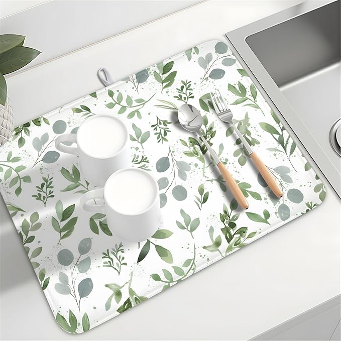 ABSOP Spring Summer Sage Green Leaves Dish Drying Mat 16 x 18 Inch Spring Eucalyptus Leaf Dish Drainer Rack Mat Absorbent Microfiber for Holiday Kitchen Coffee Dining Bar Decor