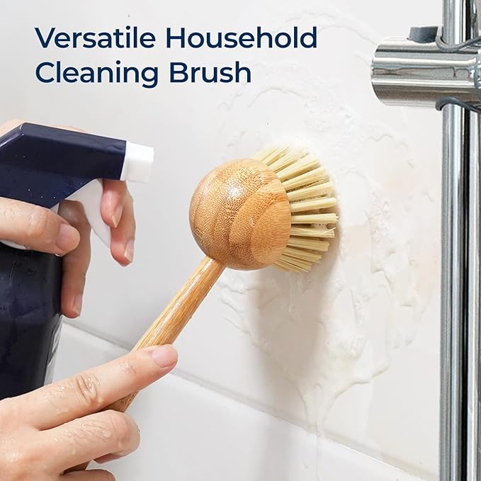 Lorzon 2 Pack Dish Brush with Handle, Bamboo Dish Scrub Brush, Kitchen Brushes for Dishes, Scrubber, Pots, Pans, Sink, Dishwashing Cleaning Brush