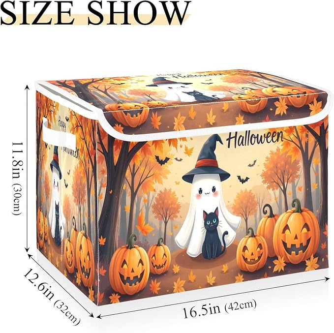 Bolaz Storage Bins with Lids and Handles,Maple Leaves Ghost Pumpkin Storage Box Basket with Cover Collapsible Organizer Containers for Home Closet, Shelves