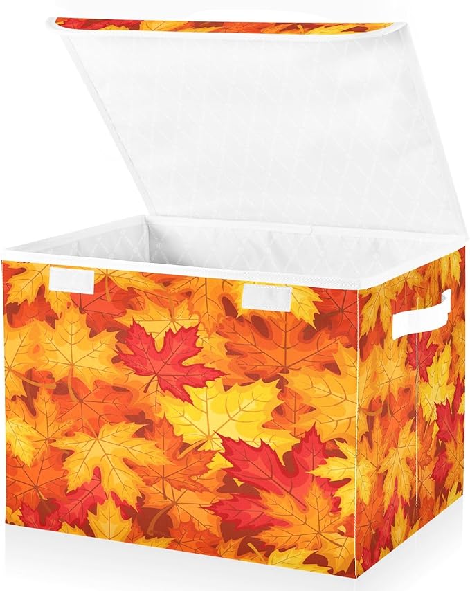 Bolaz Storage Bins with Lids and Handles, Fall Maple Leaves in Autumn Storage Box Storage Basket with Cover Collapsible Organizer Containers for Home Closet, Shelves