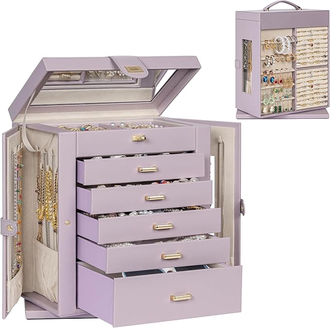 AKOZLIN 360° Rotating Jewelry Box 6-Tier Organizer Functional Jewelry Storage Case for Women Girls Ring Necklace Earring Bracelet Holder with Mirror Purple