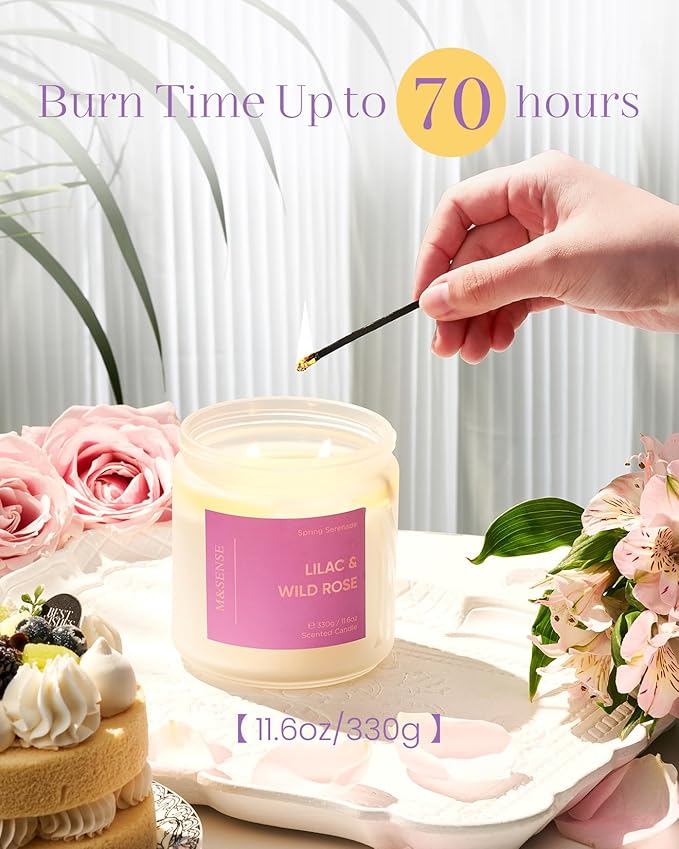 M&SENSE Lilac Wild Rose Scented Candle 11.6oz 70 Hours Long Lasting Burn Time 2 Wick Scented Candle Non Toxic Natural Soy Candle Aromatherapy Candle Easter for Home Decor Gifts for Women Mom