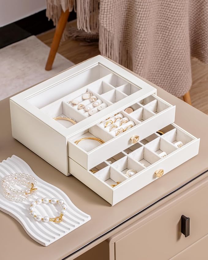 CASEGRACE Jewelry Box for Women with Glass Lid - Leather Jewelry Storage Organizer 2 Drawers for Necklaces, Rings, Earrings & Bracelets, Ideal Gift (White, 2 Layer)