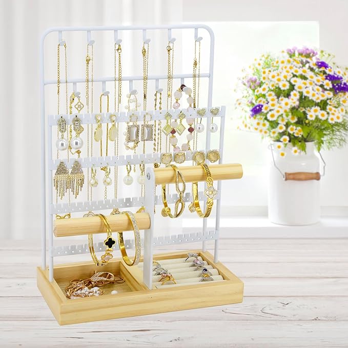 JONKASIPA Jewelry Holder Organizer Stand 4-Tier Necklace Stand Earring Holder with Wooden Tray, Jewelry Rack for Bracelets Watches and Rings Display Stand, Gifts for Women & Girls-White