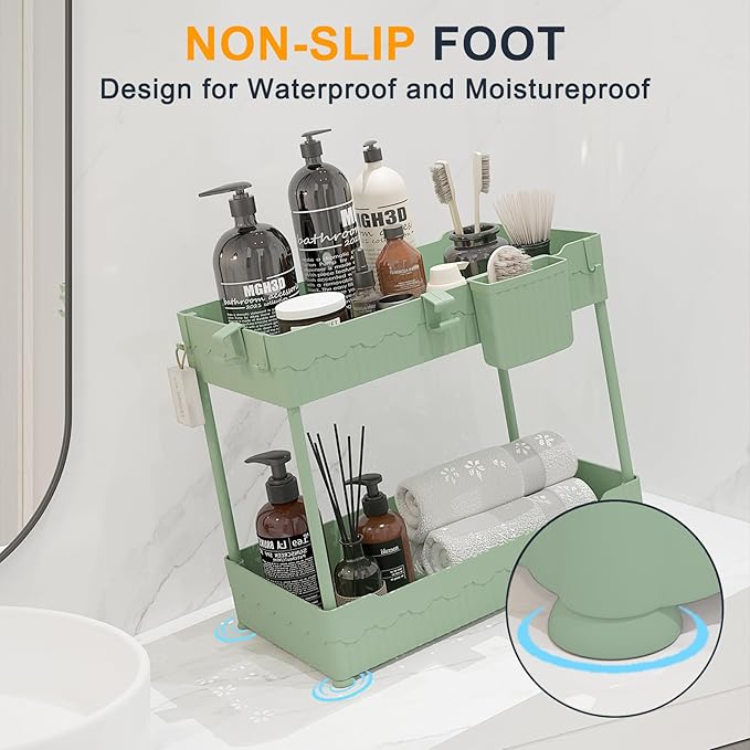 Sevenblue 2 Pack Under Sink Organizer, Under Bathroom Cabinet Organizer with Hooks Hanging Cup, Multi-Purpose Storage Shelf for Kitchen Bathroom (Green, L)