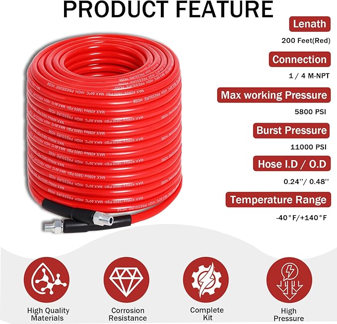 Zejoot Sewer Jetter Kit for Pressure Washer 200FT, 5800PSI Drain Cleaner Hose 1/4 Inch NPT Corner with 5 Sewer Jetting Nozzles，Waterproof Tape，Pearl Corsage Pin & 2 Spanners (Red)