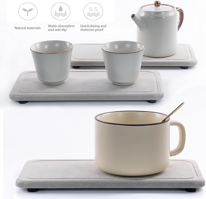 NiuYichee 2 Pcs Water Absorbing Stone Trays, Kitchen/Bathroom Sink Soap Dish, Diatomite Tray Used for Hand Soap & Cosmetic Bottles in The Modern Home, 4" W x 8.3" L, Gray