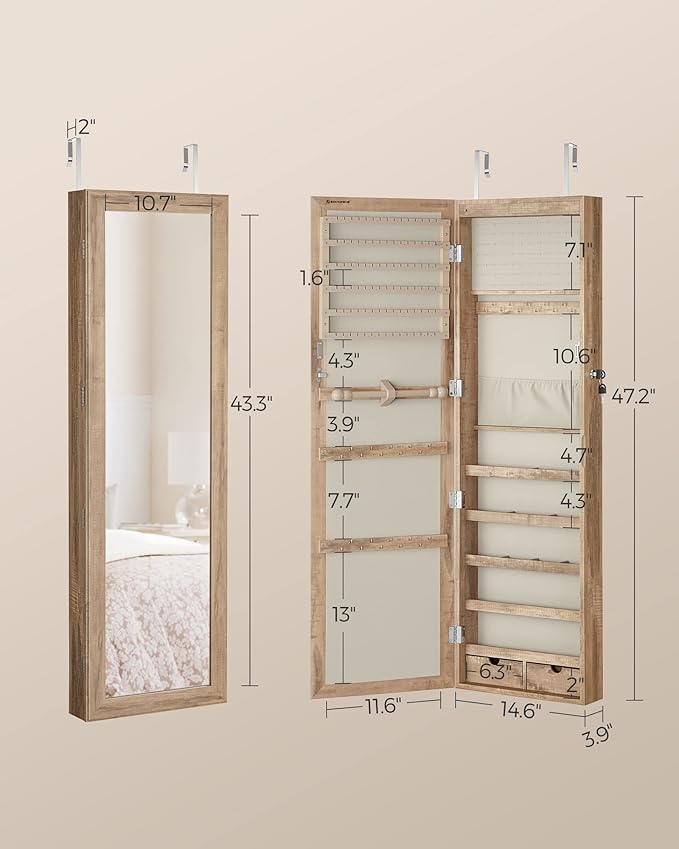 SONGMICS 6 LEDs Mirror Jewelry Cabinet, 47.2-Inch Tall Lockable Wall or Door Mounted Jewelry Armoire Organizer with Mirror, 2 Drawers, 3.9 x 14.6 x 47.2 Inches, Toasted Oak Color UJJC093N01