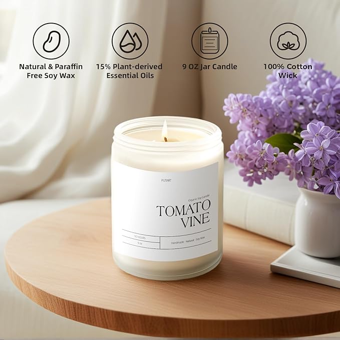 Tomato Vine Candles for Home Scented, Natural Soy Wax Aromatherapy Non Toxic Heavy Scented Candle with Essential Oil, Home Fragrance Stress Relief Jar Candles Gifts for Women & Men 9oz