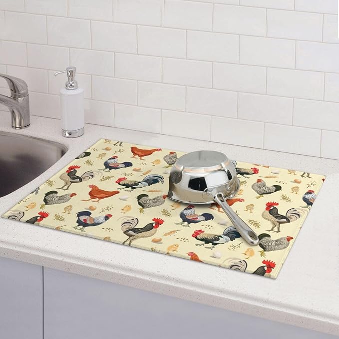 Chicken Dish Drying Mat for Kitchen Counter Cute Kitchen Mat Microfiber Kitchen Countertop Absorbent Reversible Drainer Rack Pad Dish Drying Mat 18 x 24 Inch
